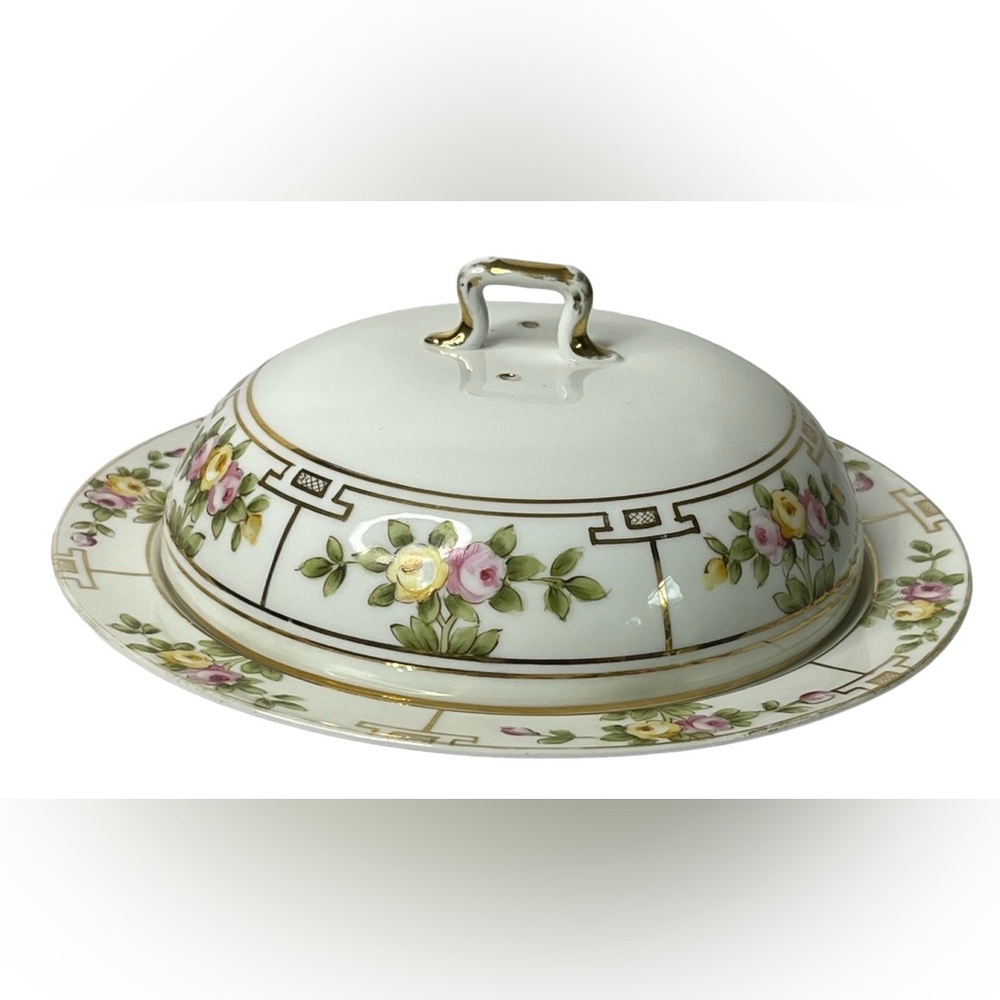 Nippon Hand Painted Floral Roses‎ Porcelain Dome Covered Dish Vintage 8.75"